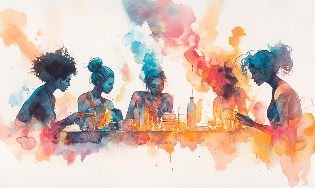 Group of women sitting around a table, talking, drinking and eating together. What are you still holding on to?