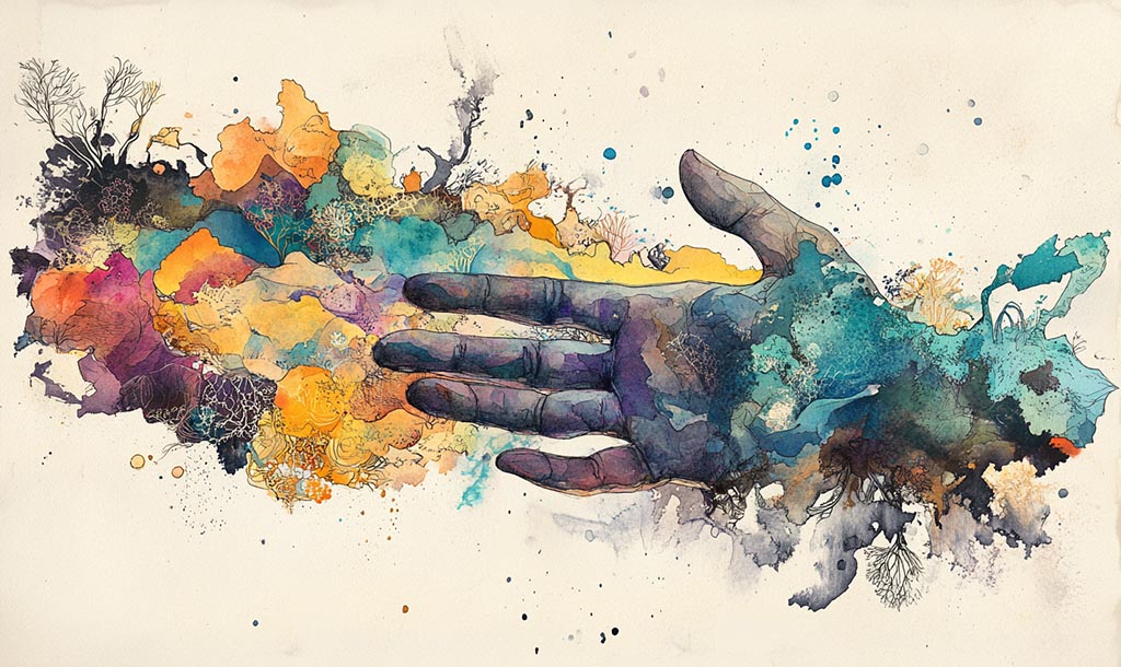 Drawn hand reaching out. Color splashes in rainbow colors. The Heavy Weight of Holding On During Grief Recovery.