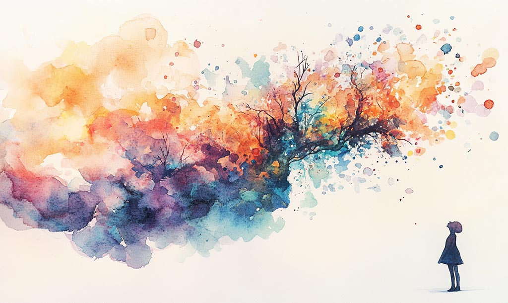 Woman drawn in the bottom right corner looking up to a cloud colored in rainbow colors. Letting Go After Divorce to Find Yourself!