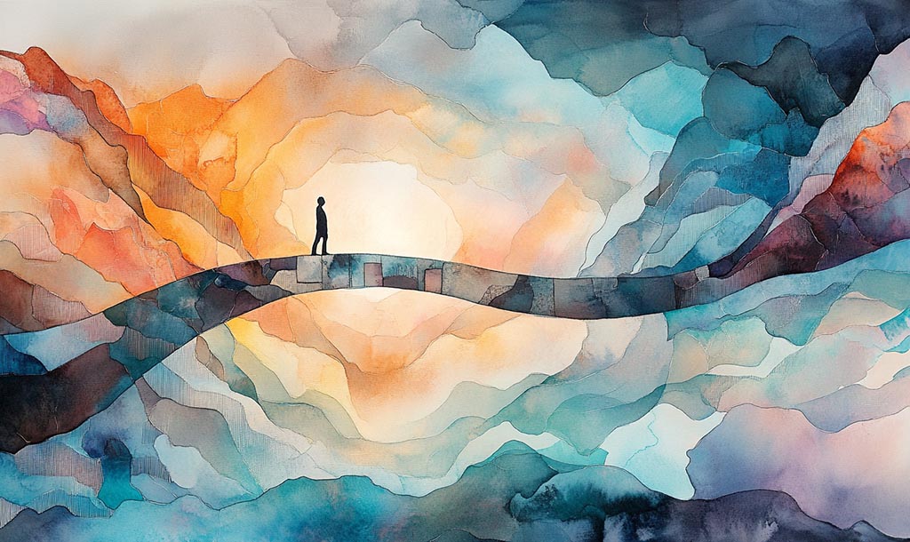 Drawn person walking over an imaginary bridge, background colored in rainbow colors. Courage to release during your grief recovery.