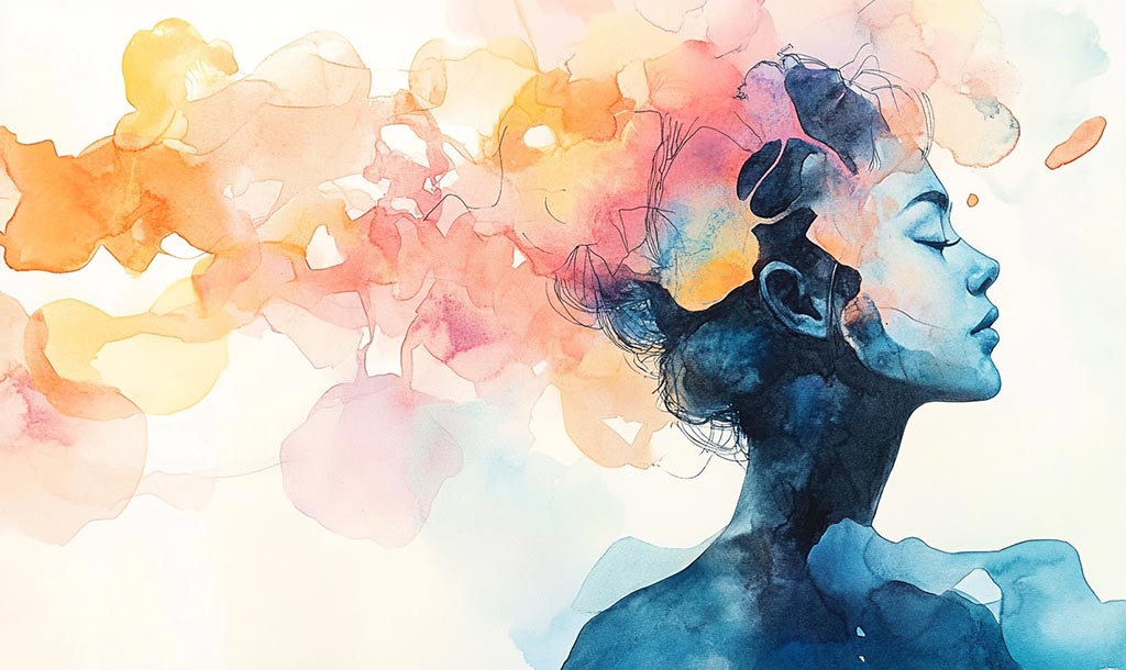 Drawn woman’s face and head in teal. Clouds around the head in yellow, pink and orange colors. You’re stronger than you think.