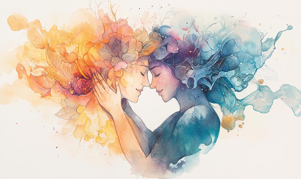 Two women’s faces drawn, the nose touching each other, the hair drawn as clouds. Drawing is colored in pink, orange, and teal colors. Embracing hope.