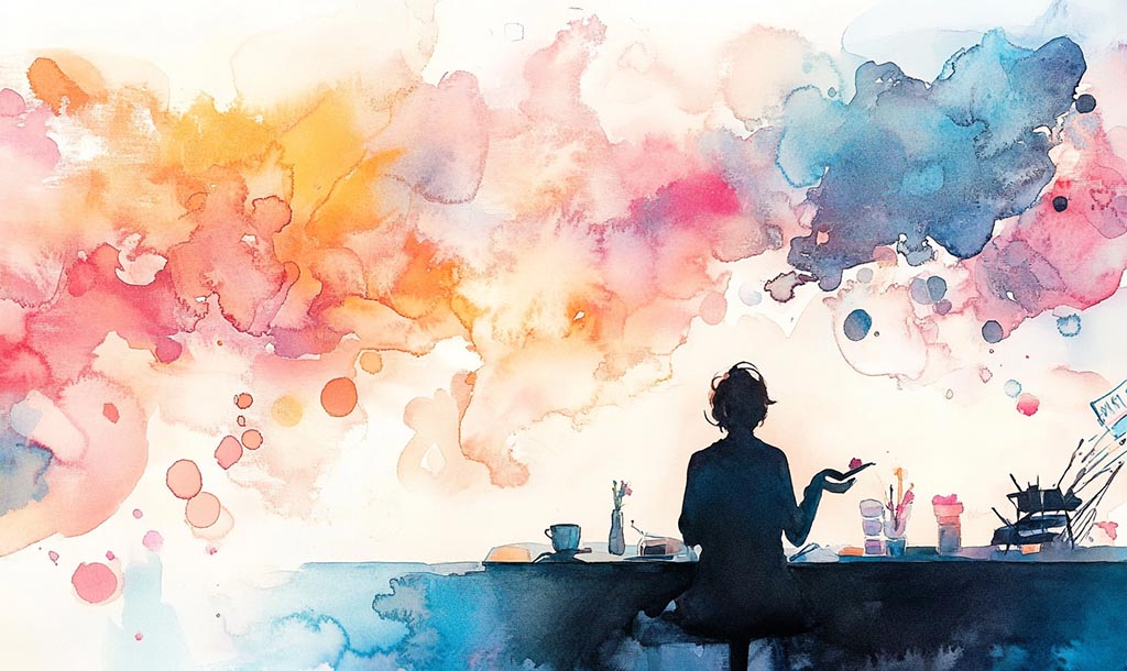 Person drawn sitting on a desk. Background in pink, orange, and teal watermarks. Committing to yourself.